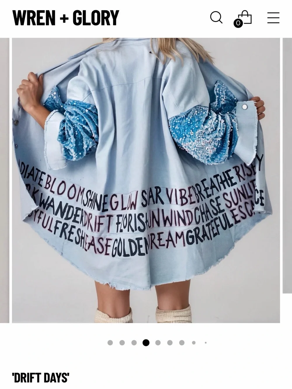 Wren + Glory Drift Days Light Blue Sequin-Sleeve Graphic Jean Jacket/Shirt